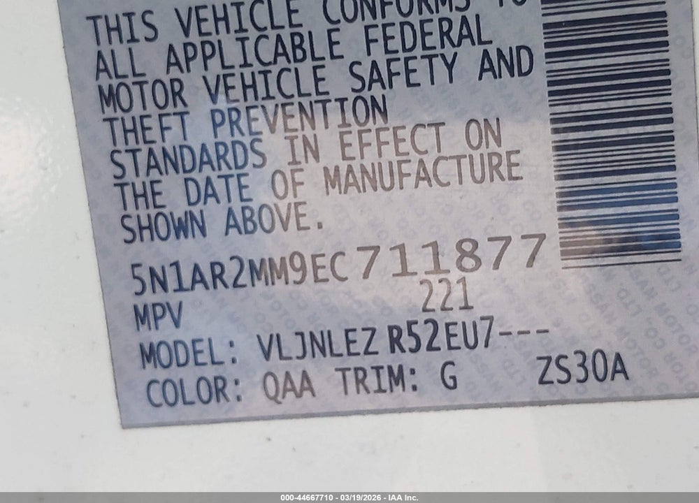 2014 NISSAN PATHFINDER SV VIN: 5N1AR2MM9EC711877