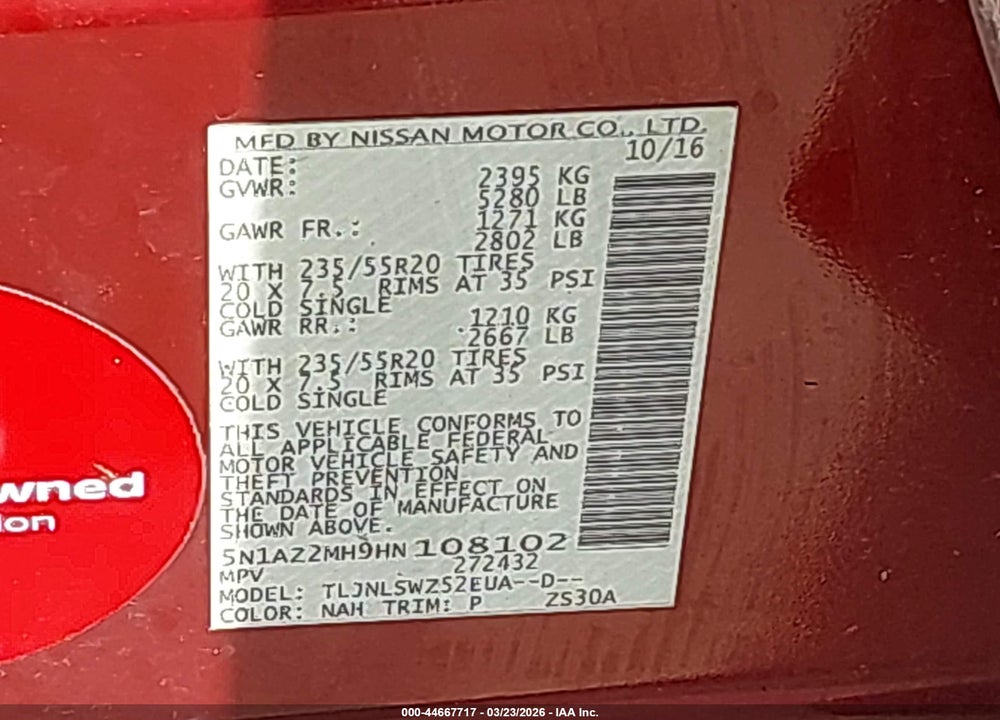 2017 NISSAN MURANO PLATINUM VIN: 5N1AZ2MH9HN108102