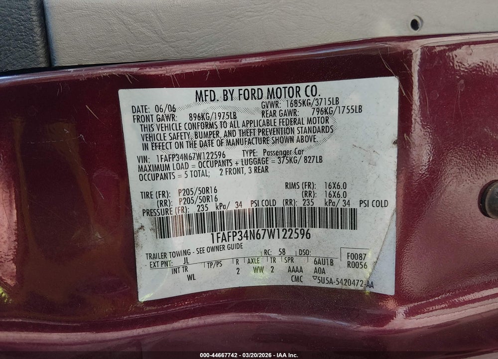 2007 FORD FOCUS S/SE/SES VIN: 1FAFP34N67W122596