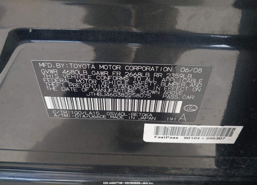 2008 LEXUS ES 350 VIN: JTHBJ46G382258075