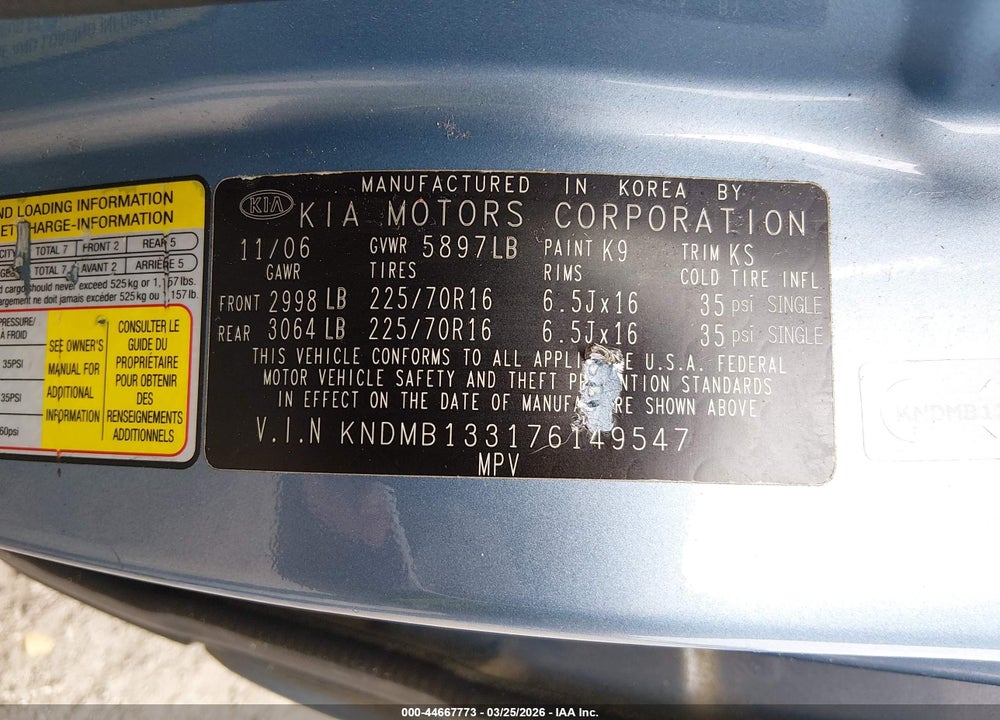 2007 KIA SEDONA VIN: KNDMB133176149547