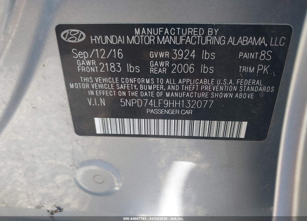 2017 HYUNDAI ELANTRA SE VIN: 5NPD74LF9HH132077