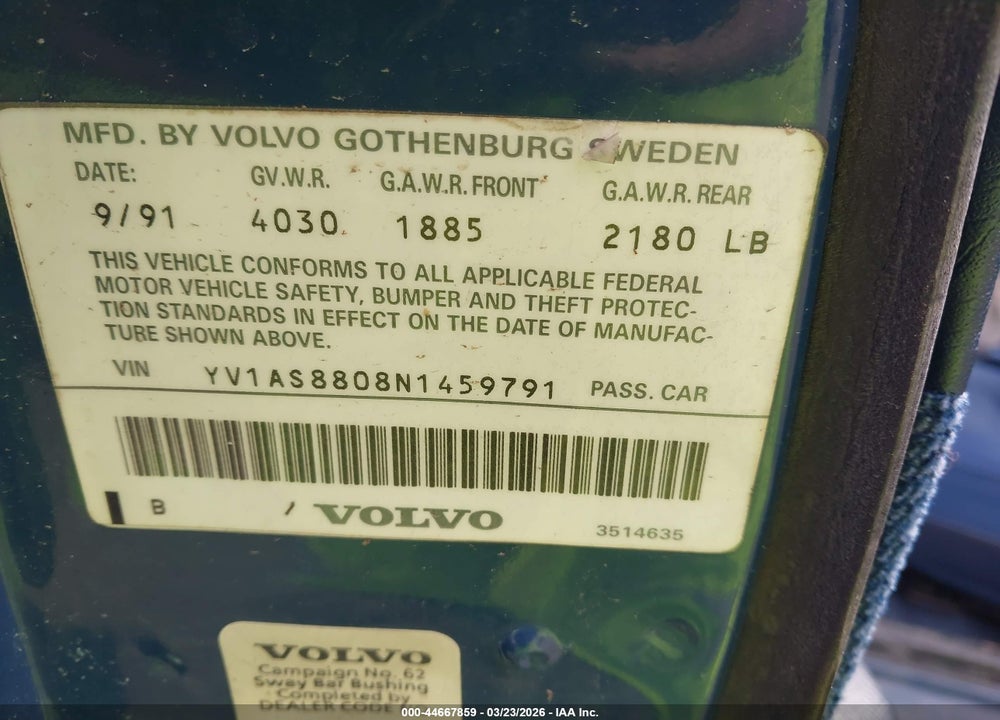 1992 VOLVO 240 GL VIN: YV1AS8808N1459791