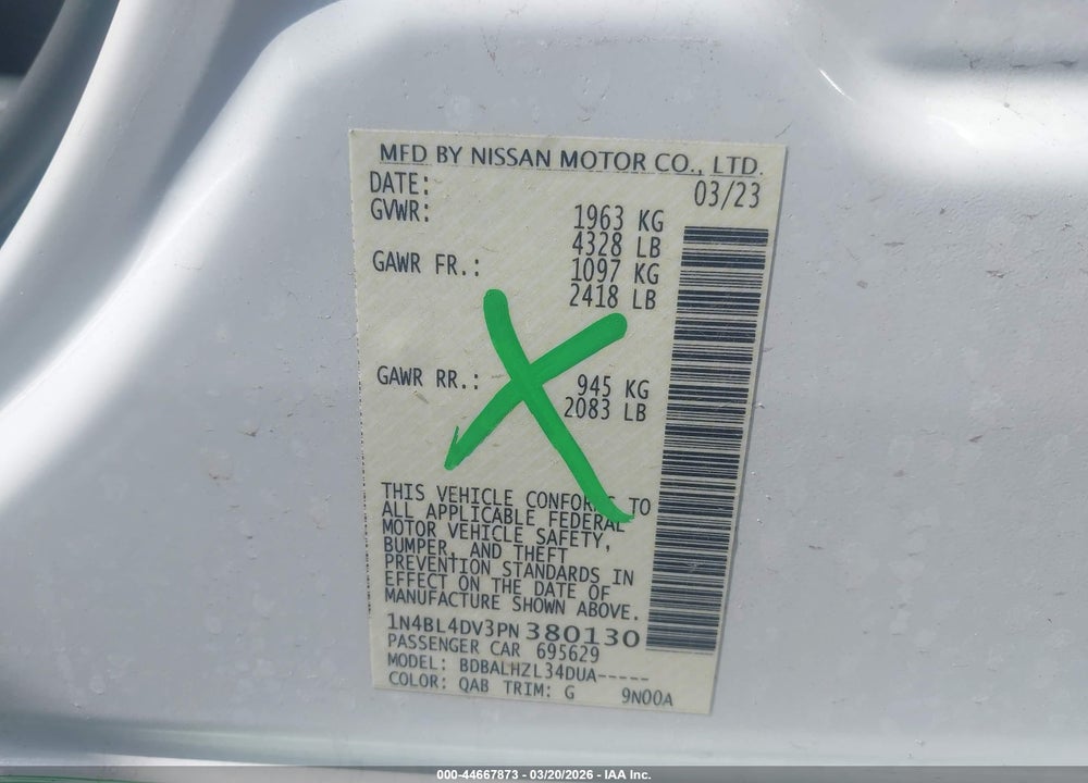 2023 NISSAN ALTIMA SV FWD VIN: 1N4BL4DV3PN380130