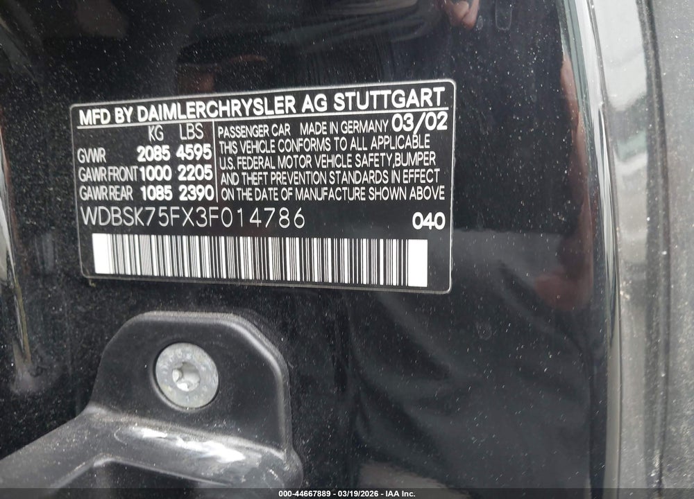 2003 MERCEDES-BENZ SL 500 VIN: WDBSK75FX3F014786