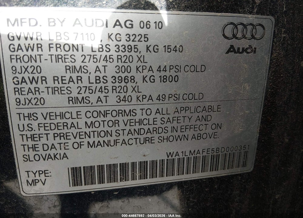2011 AUDI Q7 3.0 TDI PREMIUM VIN: WA1LMAFE5BD000351