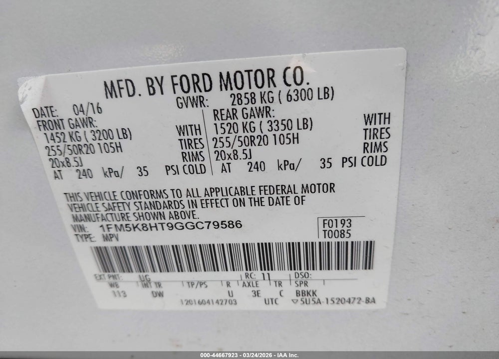 2016 FORD EXPLORER PLATINUM VIN: 1FM5K8HT9GGC79586