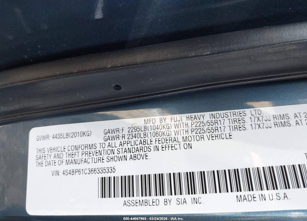 2006 SUBARU OUTBACK 2.5I VIN: 4S4BP61C366335335