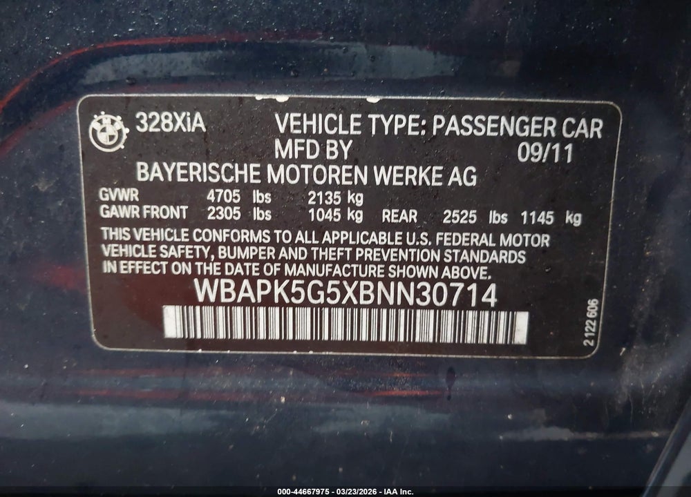 2011 BMW 328I XDRIVE VIN: WBAPK5G5XBNN30714
