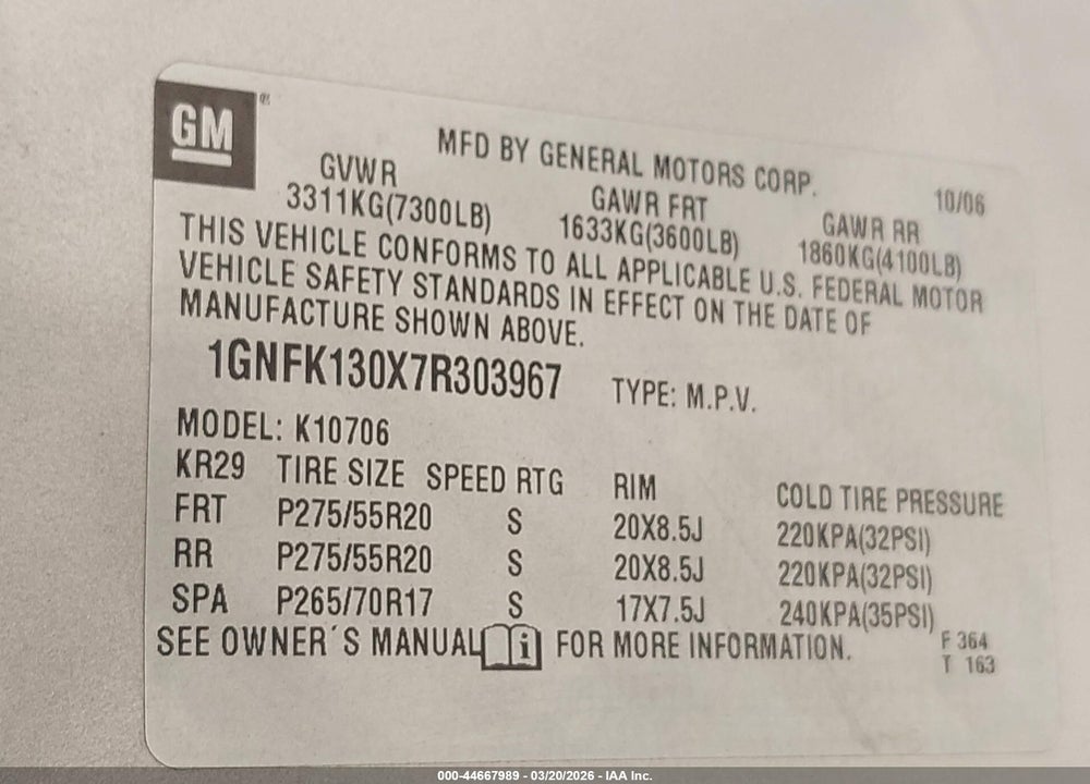 2007 CHEVROLET TAHOE LTZ VIN: 1GNFK130X7R303967