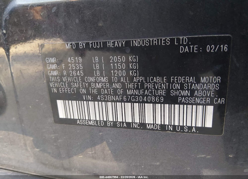 2016 SUBARU LEGACY 2.5I PREMIUM VIN: 4S3BNAF67G3040869