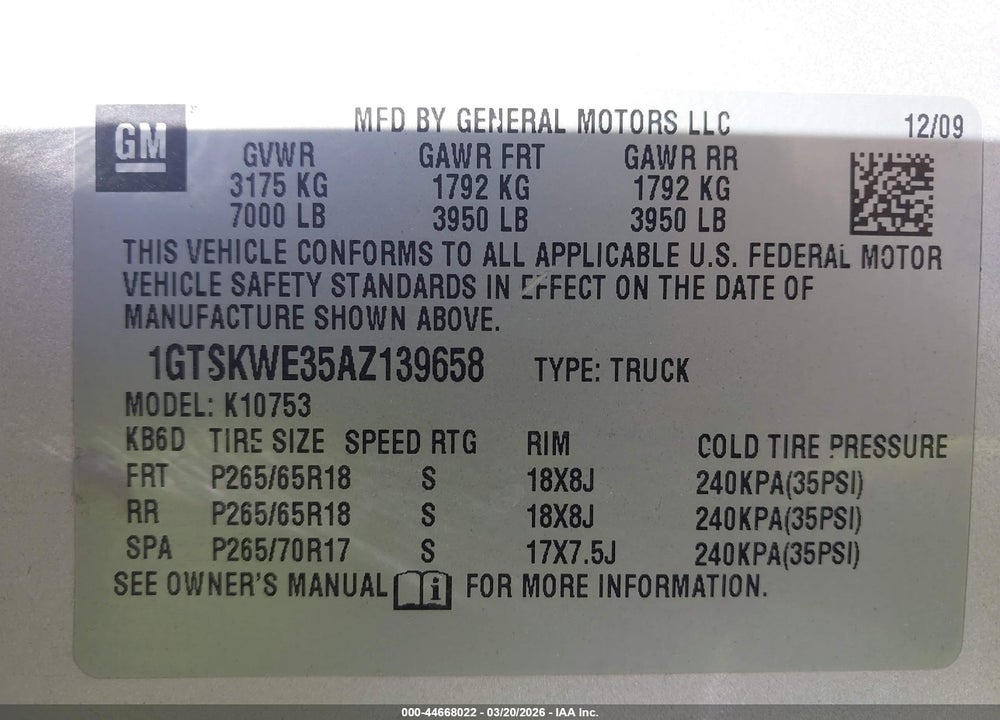 2010 GMC SIERRA 1500 SLT VIN: 1GTSKWE35AZ139658