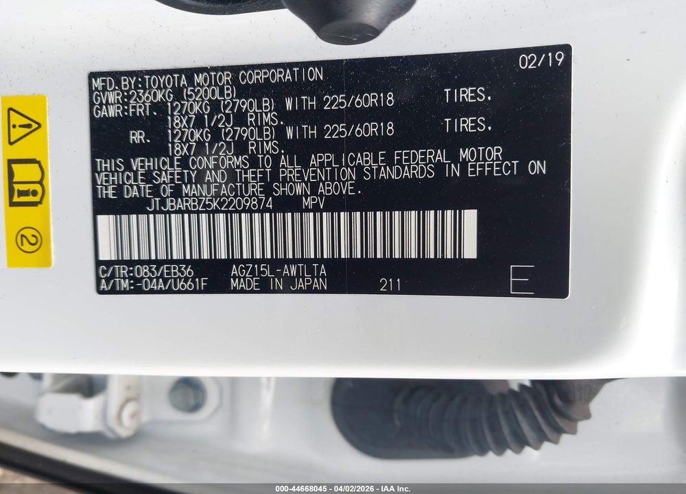 2019 LEXUS NX 300 F SPORT VIN: JTJBARBZ5K2209874