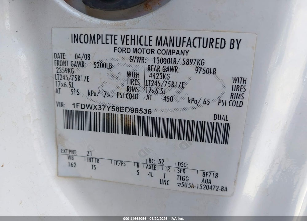 2008 FORD F-350 CHASSIS LARIAT/XL/XLT VIN: 1FDWX37Y58ED96536