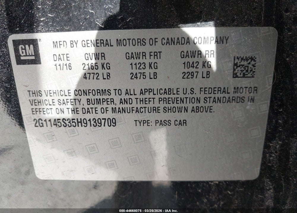 2017 CHEVROLET IMPALA 2LZ VIN: 2G1145S35H9139709