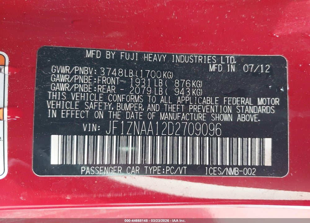 2013 SCION FR-S VIN: JF1ZNAA12D2709096