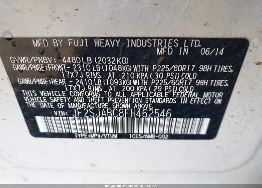 2015 SUBARU FORESTER 2.5I VIN: JF2SJABC8FH462546