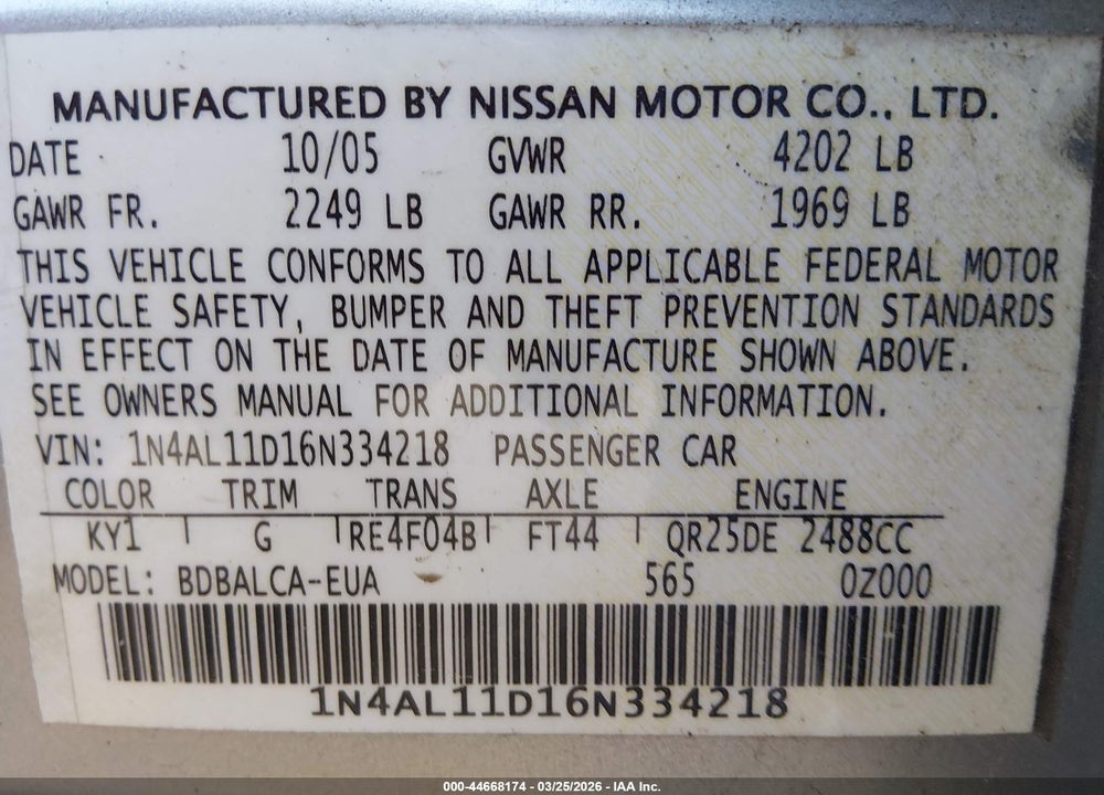 2006 NISSAN ALTIMA 2.5 S VIN: 1N4AL11D16N334218