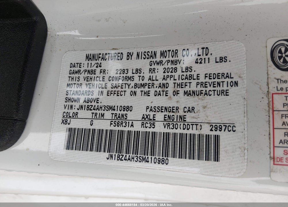 2025 NISSAN Z SPORT MANUAL TRANSMISSION VIN: JN1BZ4AH3SM410980