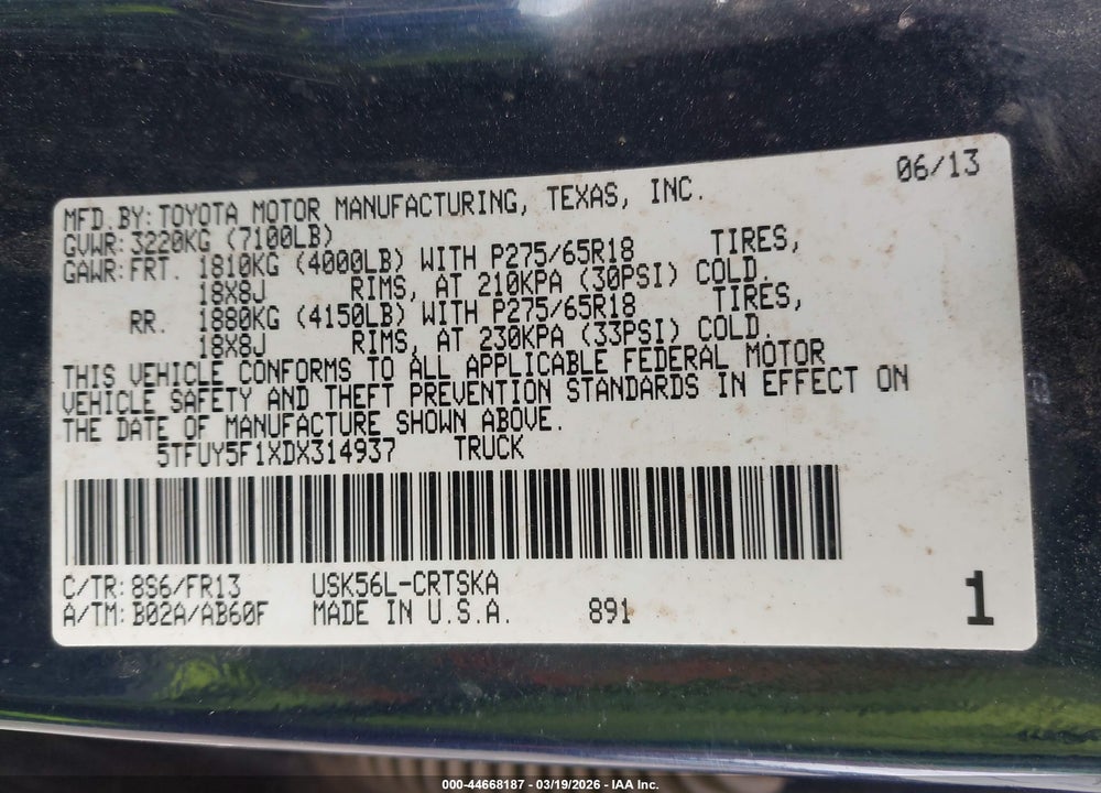 2013 TOYOTA TUNDRA GRADE 5.7L V8 VIN: 5TFUY5F1XDX314937