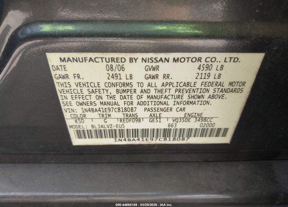 2007 NISSAN MAXIMA 3.5 SE VIN: 1N4BA41E97C818087