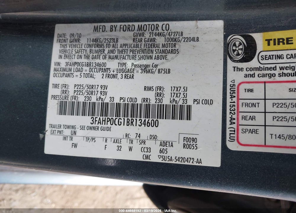 2011 FORD FUSION SEL VIN: 3FAHP0CG1BR134600