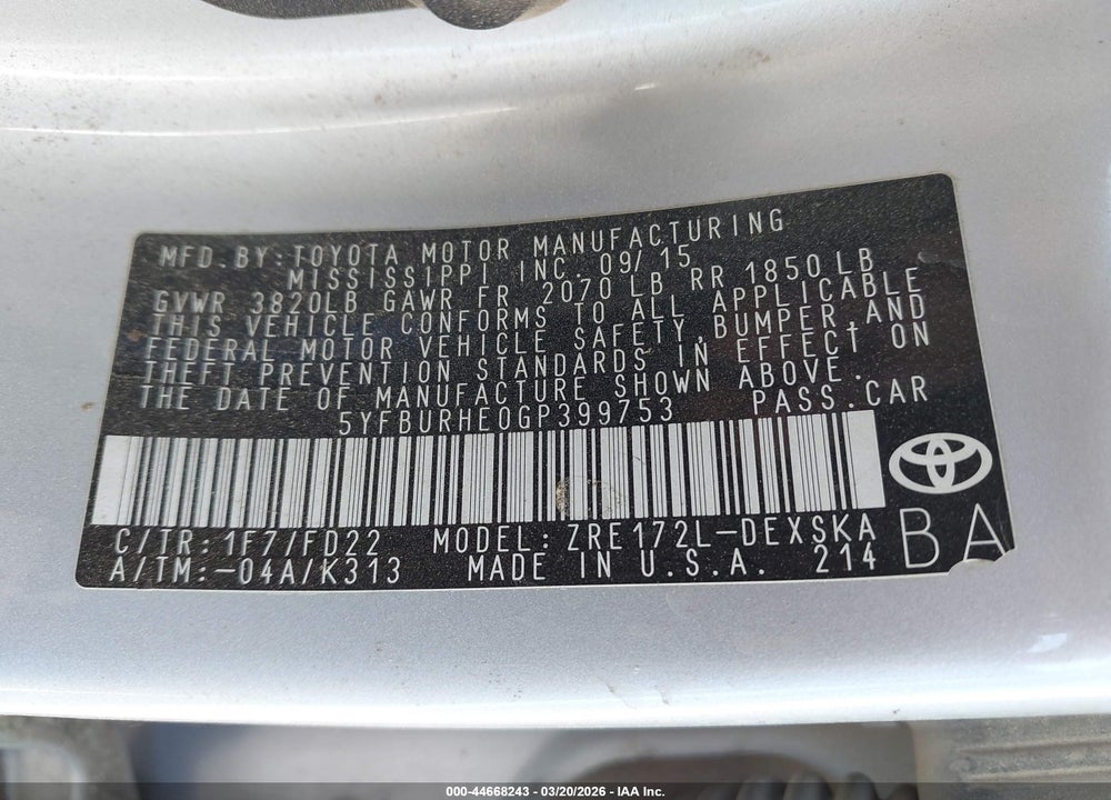 2016 TOYOTA COROLLA S PLUS VIN: 5YFBURHE0GP399753