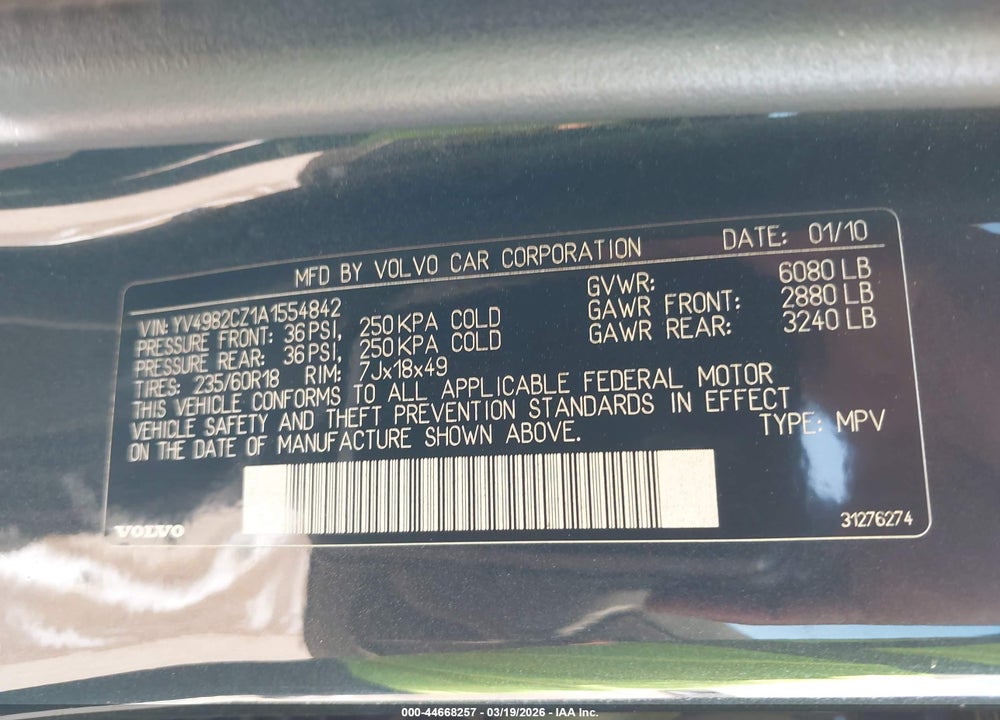 2010 VOLVO XC90 3.2 VIN: YV4982CZ1A1554842