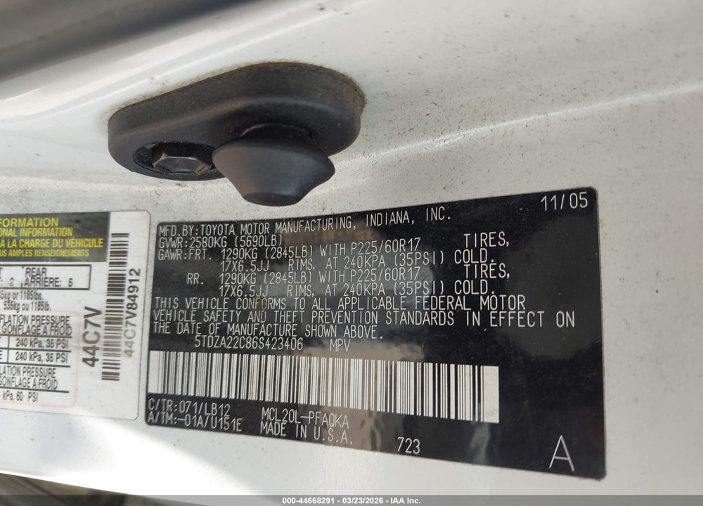 2006 TOYOTA SIENNA XLE LIMITED VIN: 5TDZA22C86S423406