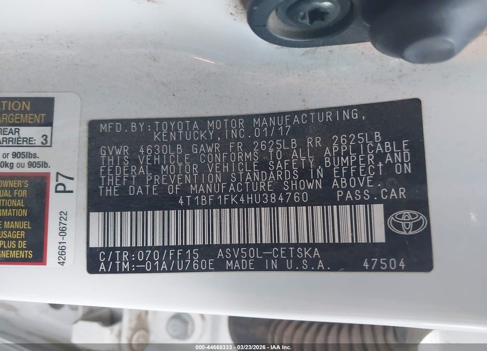 2017 TOYOTA CAMRY SE VIN: 4T1BF1FK4HU384760