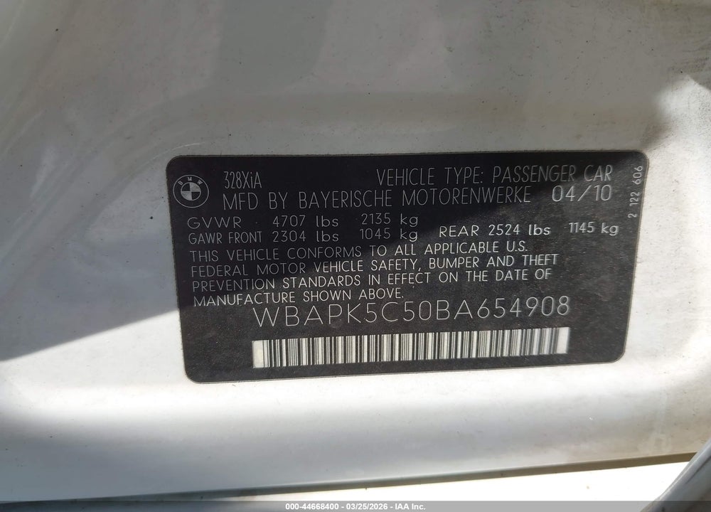 2011 BMW 328I XDRIVE VIN: WBAPK5C50BA654908