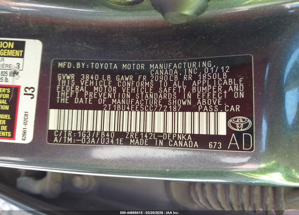 2012 TOYOTA COROLLA LE VIN: 2T1BU4EE5CC772187