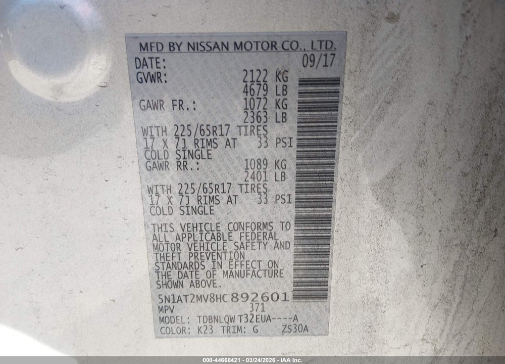 2017 NISSAN ROGUE SV VIN: 5N1AT2MV8HC892601