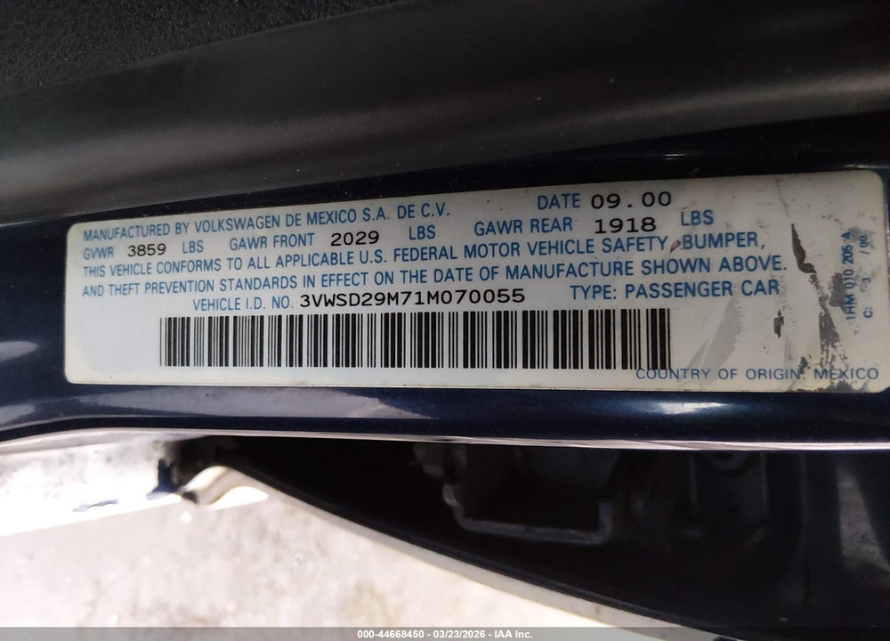2001 VOLKSWAGEN JETTA GLS 1.8L TURBO VIN: 3VWSD29M71M070055