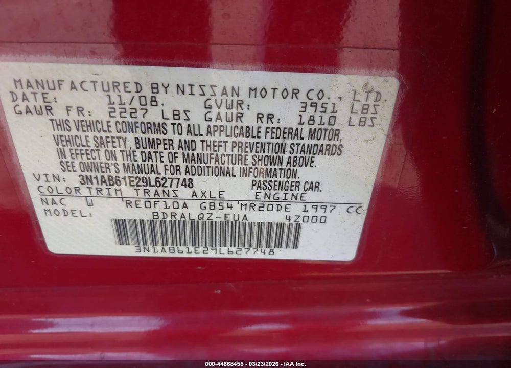 2009 NISSAN SENTRA 2.0 VIN: 3N1AB61E29L627748