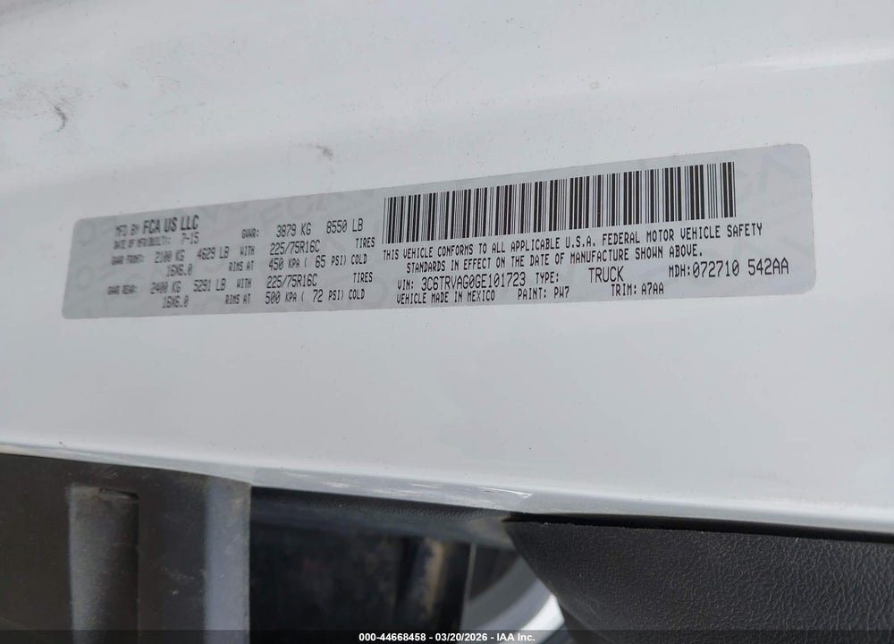 2016 RAM PROMASTER 1500 LOW ROOF VIN: 3C6TRVAG0GE101723