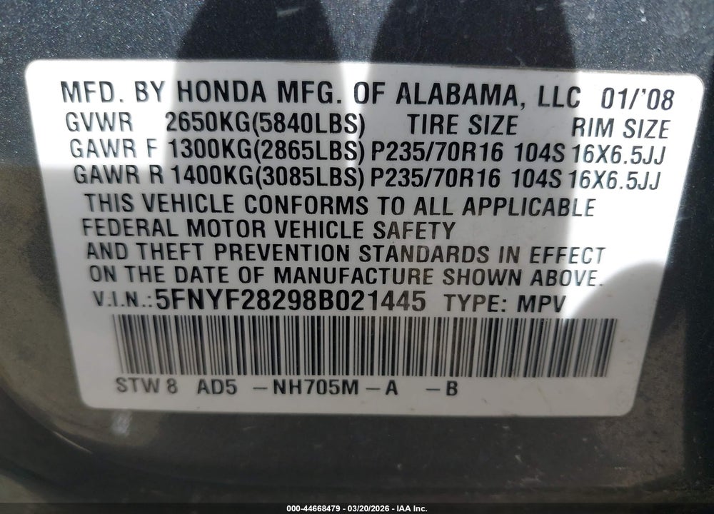 2008 HONDA PILOT VP VIN: 5FNYF28298B021445
