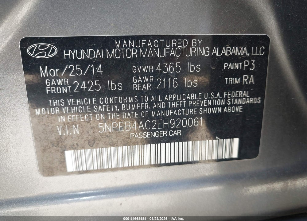 2014 HYUNDAI SONATA GLS VIN: 5NPEB4AC2EH920061