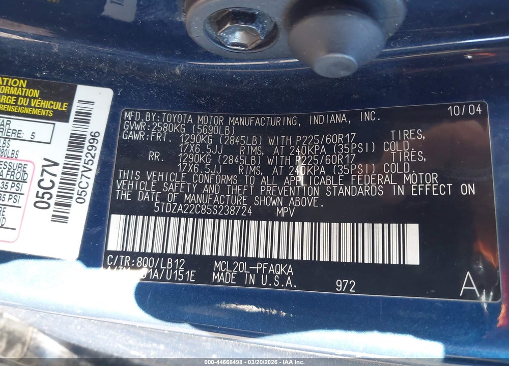 2005 TOYOTA SIENNA XLE LIMITED VIN: 5TDZA22C85S238724