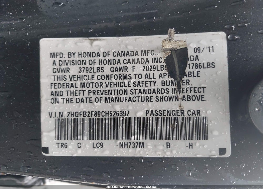 2012 HONDA CIVIC EX VIN: 2HGFB2F89CH526397