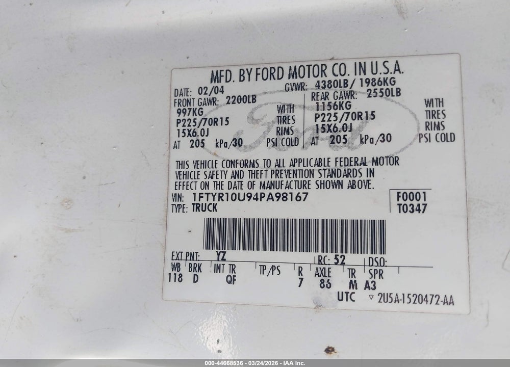 2004 FORD RANGER EDGE/XL/XLT VIN: 1FTYR10U94PA98167