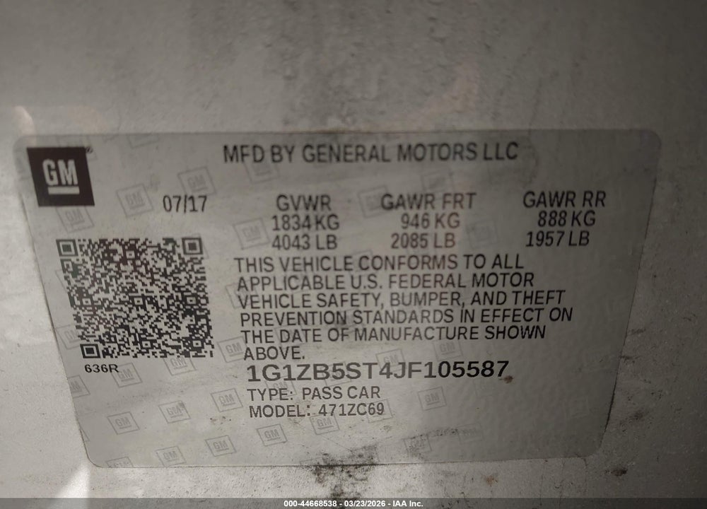 2018 CHEVROLET MALIBU 1LS VIN: 1G1ZB5ST4JF105587