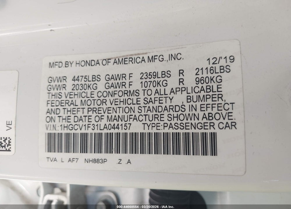 2020 HONDA ACCORD SPORT VIN: 1HGCV1F31LA044157