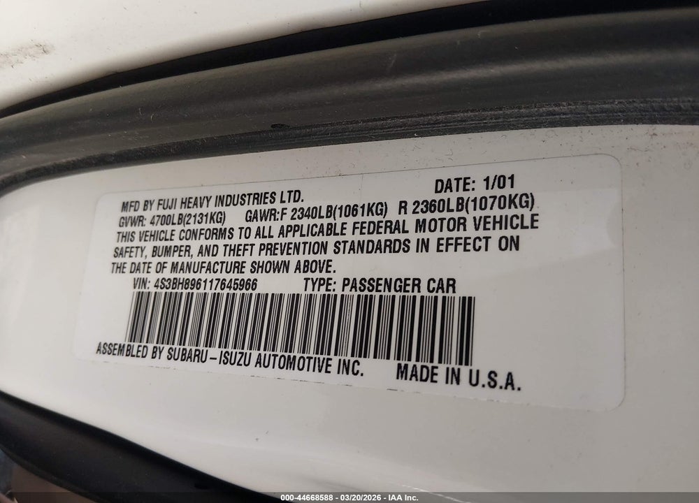 2001 SUBARU OUTBACK H6-3.0 VIN: 4S3BH896117645966