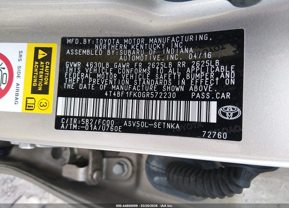 2016 TOYOTA CAMRY LE VIN: 4T4BF1FK0GR572230