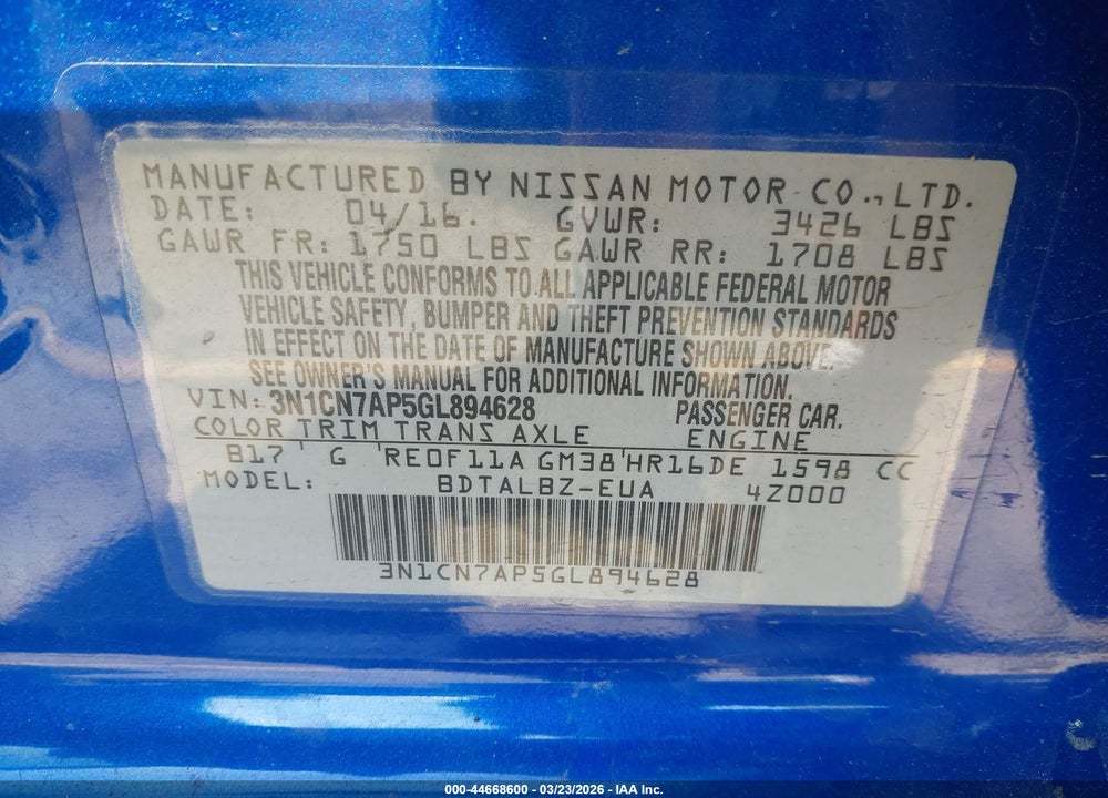 2016 NISSAN VERSA 1.6 S/1.6 S+/1.6 SL/1.6 SV VIN: 3N1CN7AP5GL894628