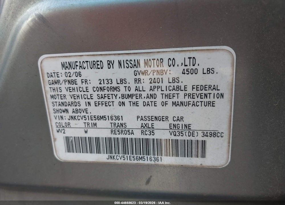 2006 INFINITI G35 VIN: JNKCV51E56M516361