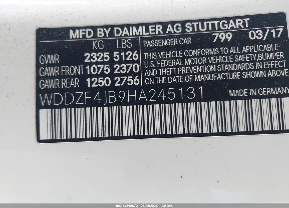2017 MERCEDES-BENZ E 300 VIN: WDDZF4JB9HA245131
