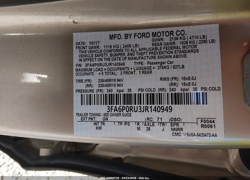 2018 FORD FUSION HYBRID TITANIUM VIN: 3FA6P0RU3JR140949