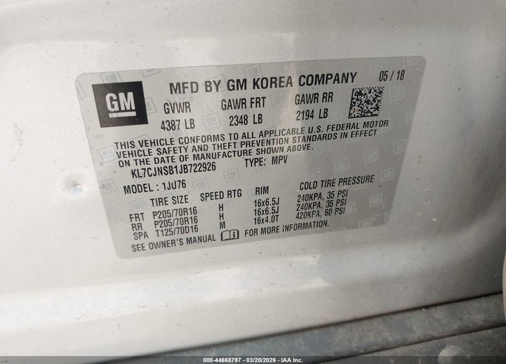 2018 CHEVROLET TRAX LS VIN: KL7CJNSB1JB722926